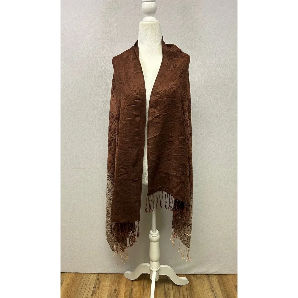 Boho Dark Academia PS Womens OS Brown Paisley Pashmina Shawl Scarf Wrap